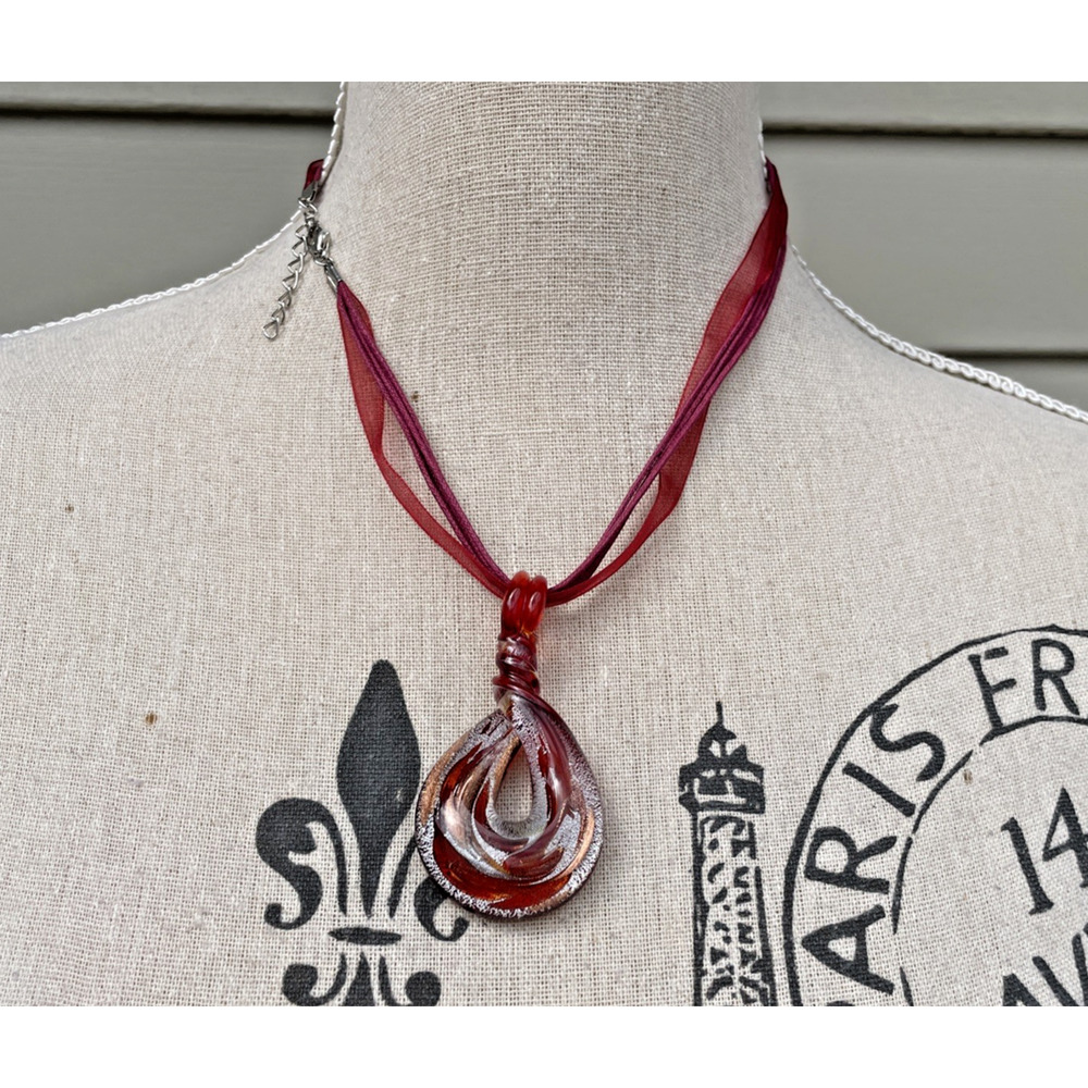 Murano Art Glass Red Pendant w Silver Tone Lobster Claw Clasp Necklace 22"